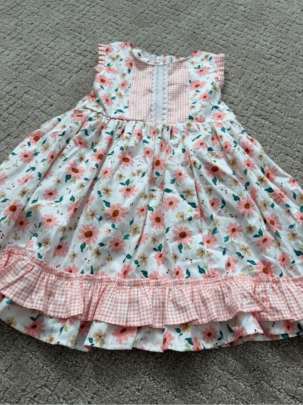 Girls Pink Floral Gingham Trim Dress